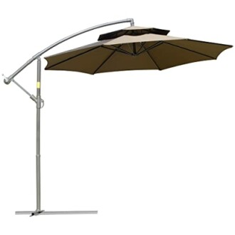 Parasol de patio extérieur brun avec support métallique.