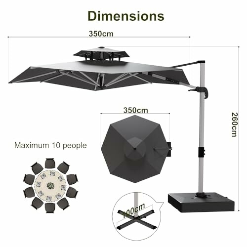 Dimensions d'un grand parasol extérieur pour 10 personnes.