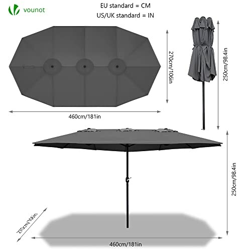 Parasol de patio gris, dimensions et hauteur.