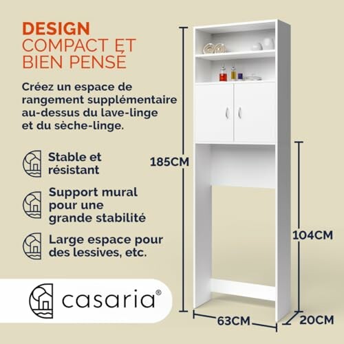 Armoire de rangement blanche pour buanderie avec dimensions.