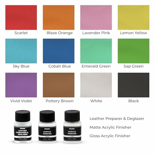 Palette de couleurs de peinture pour cuir avec finitions.