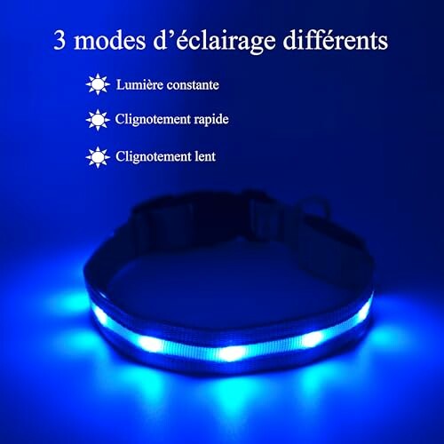 Collier de chien à LED avec trois modes d'éclairage différents.