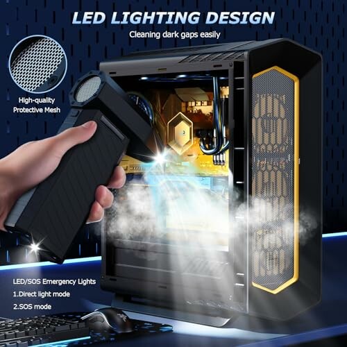 Lampe de poche LED éclairant l'intérieur d'un boîtier d'ordinateur.