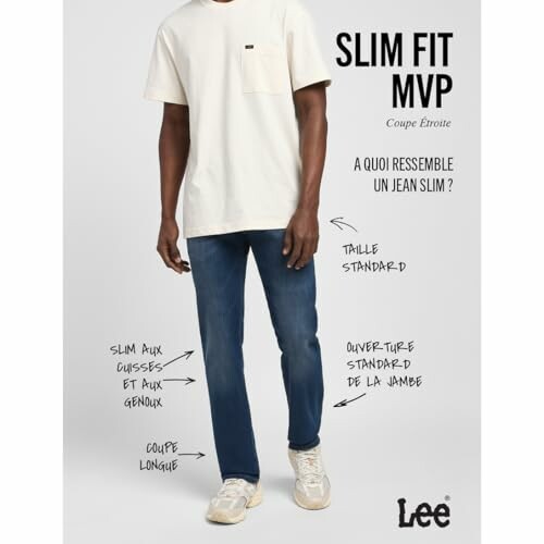 Homme portant un jean slim Lee avec des annotations.