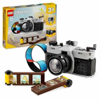 Appareil photo vintage en LEGO avec accessoires.