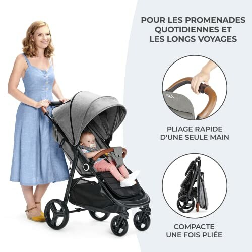 Femme avec une poussette légère et un bébé.