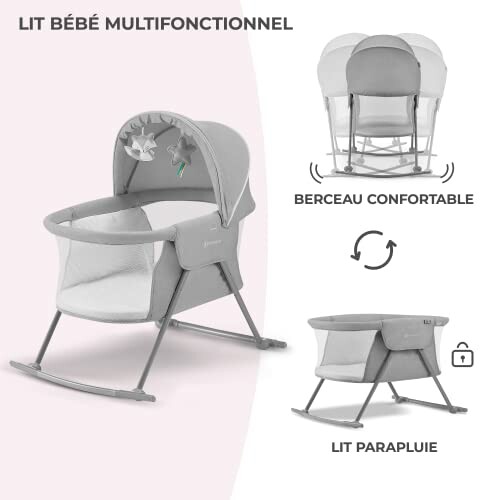 Lit bébé multifonctionnel avec berceau confortable et lit parapluie.