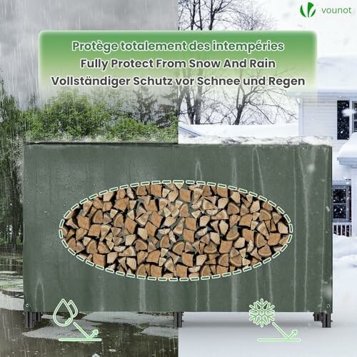 Couverture de stockage de bûches protégeant de la neige et de la pluie.