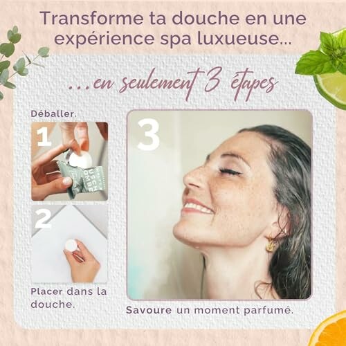 Femme savourant une douche parfumée en trois étapes.