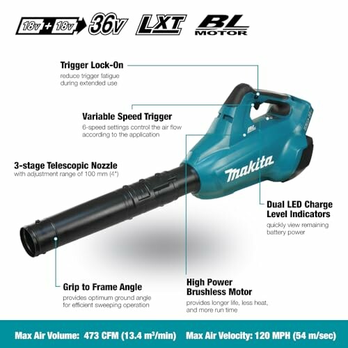 Souffleur de feuilles sans fil Makita avec moteur sans balais et buse télescopique.