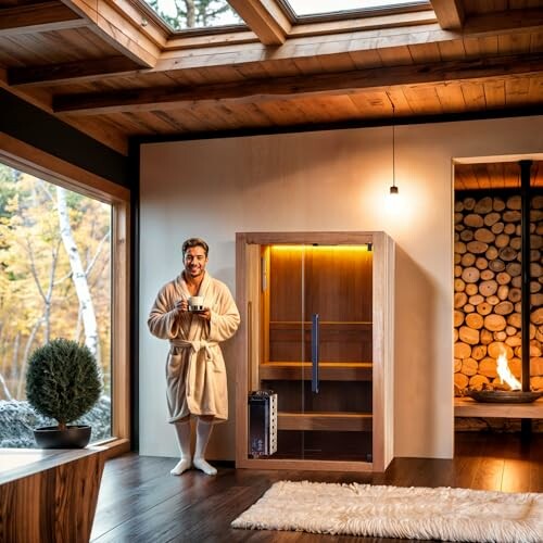 Homme en peignoir tenant une tasse dans une pièce en bois avec sauna.