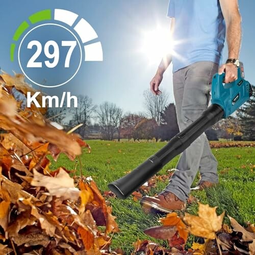 Homme utilisant un souffleur de feuilles dans le jardin.