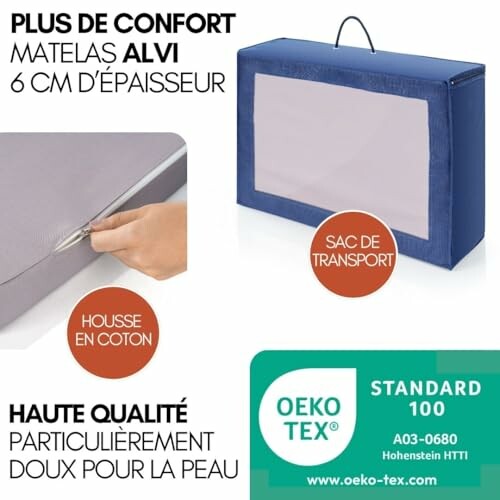 Matelas Alvi de 6 cm avec housse en coton et sac de transport