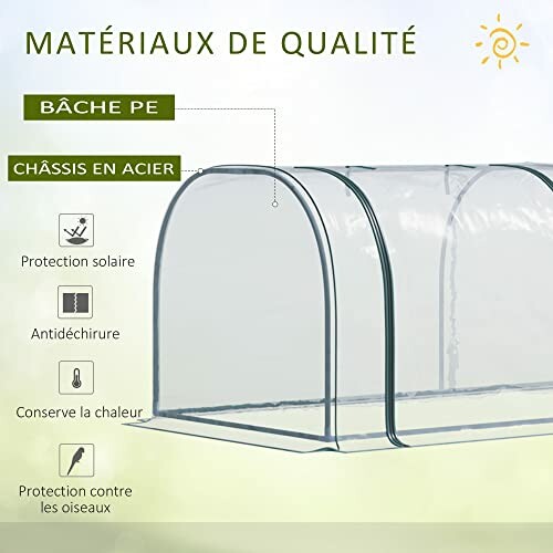 Serre avec structure en acier et bâche PE, protection solaire.