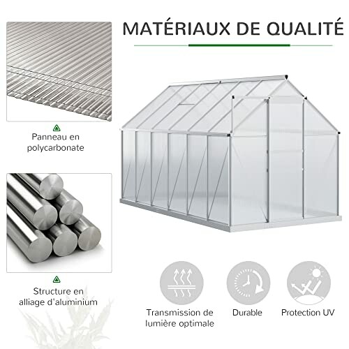 Serre en panneaux de polycarbonate et structure en aluminium.