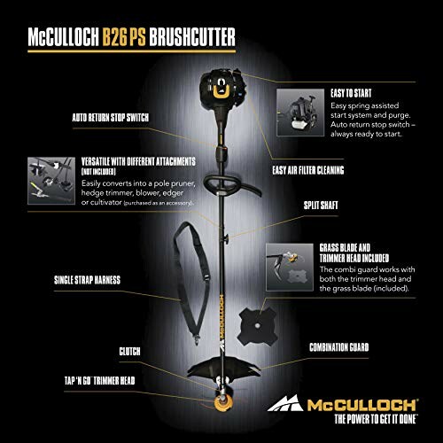 Caractéristiques du coupe-bordures McCulloch B26 PS avec accessoires interchangeables.