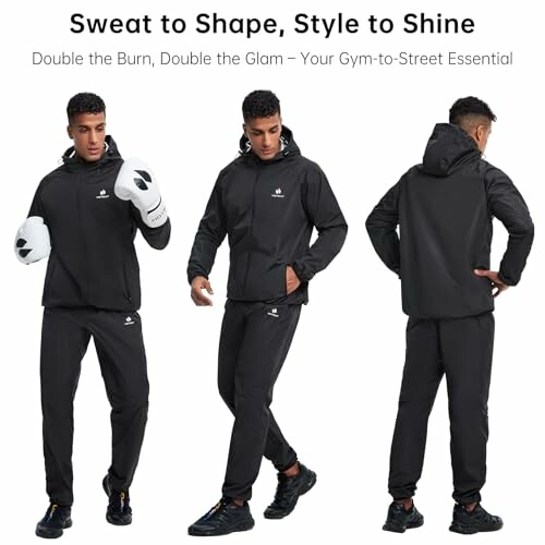 Homme portant un ensemble de sport noir avec des gants blancs.