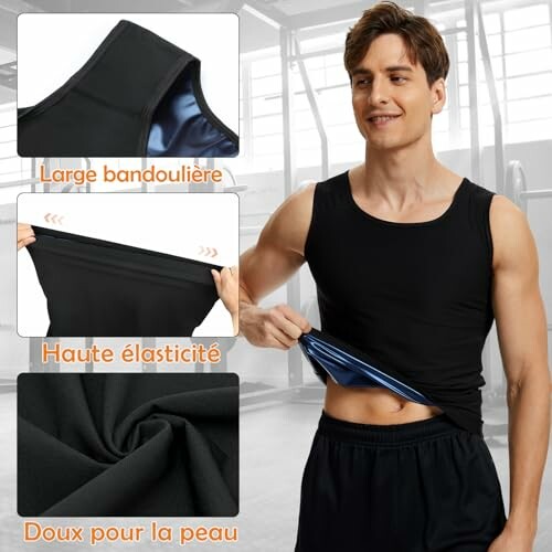 Homme portant un débardeur compressif noir avec caractéristiques élastiques.