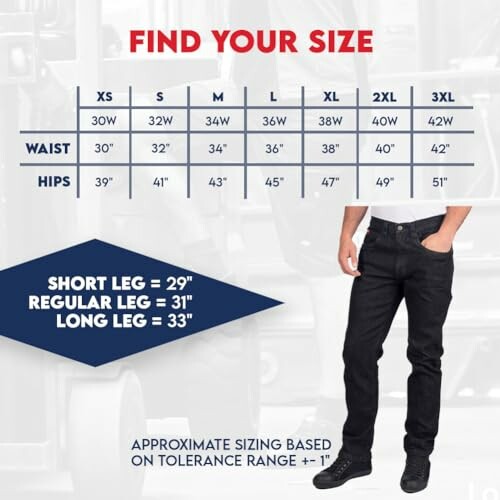 Guide des tailles pour jeans pour hommes montrant les mesures de taille et de hanches.