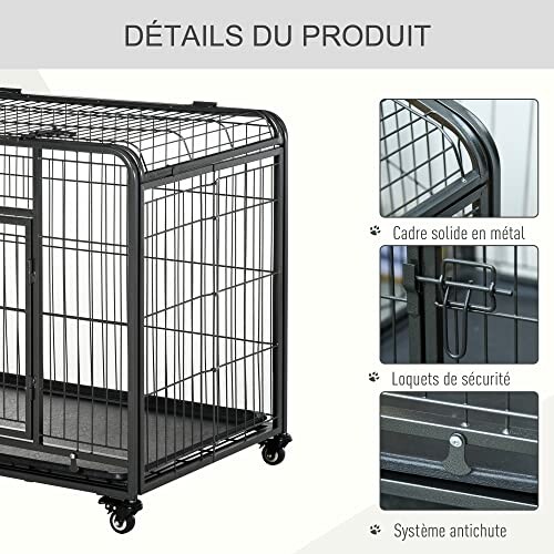 Détails de la cage pour chien en métal avec roulettes