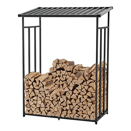 Porte-bûches en métal avec toit et bois empilé