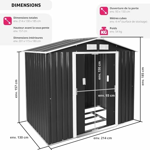 Dimensions d'un abri de jardin en métal avec portes coulissantes.