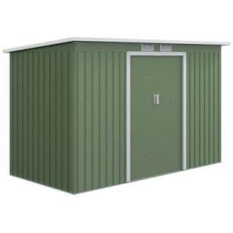 Abri de jardin en métal vert avec porte fermée.