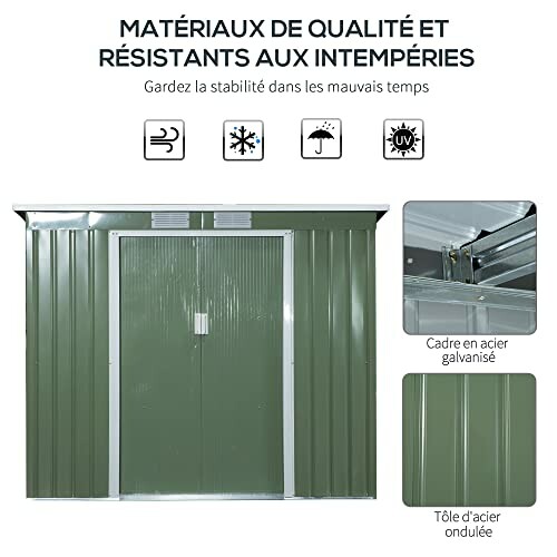 Abri de jardin en métal vert avec portes fermées.