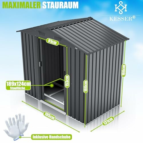 Abri de jardin en métal avec dimensions indiquées.