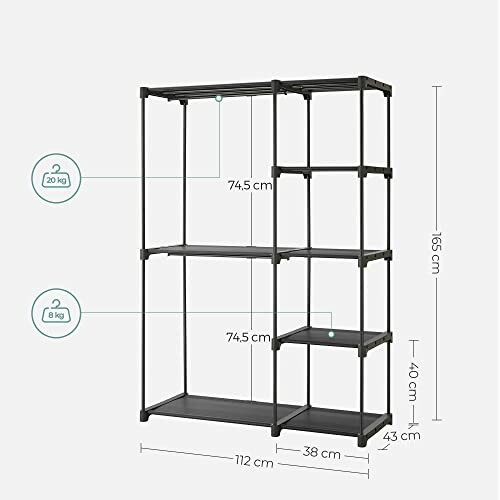 Étagère métallique avec dimensions et capacité de poids.