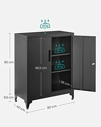 Armoire de rangement en métal avec dimensions et capacité de poids indiquées.