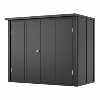 Abri de jardin en métal noir avec portes fermées.
