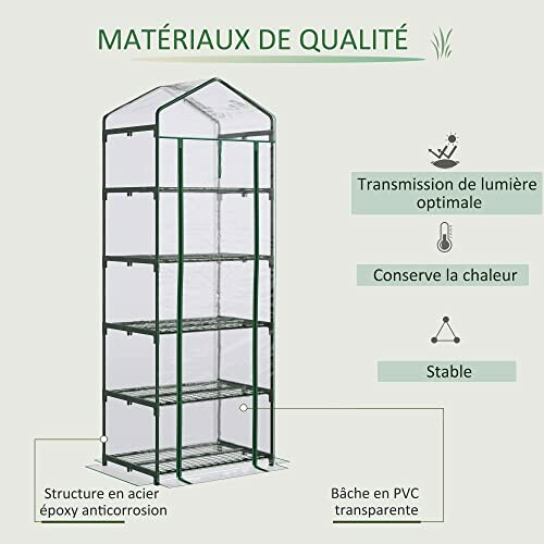 Petite serre avec structure en métal et bâche transparente.