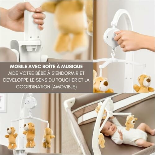 Mobile pour bébé avec boîte à musique et peluches.