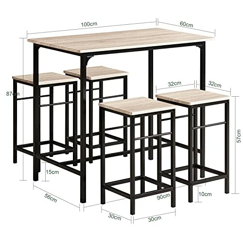 Table de bar moderne avec quatre tabourets et dimensions indiquées.