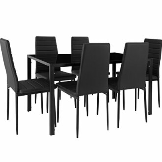 Ensemble de salle à manger moderne noir avec six chaises.