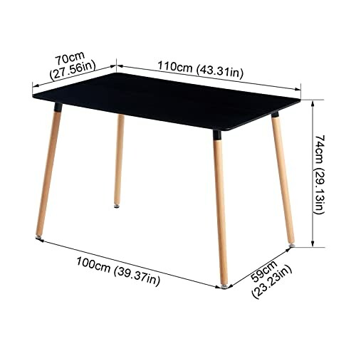 Table noire moderne avec pieds en bois et dimensions.