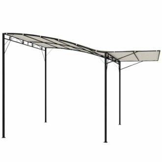 Structure moderne de pergola avec auvent incurvé.