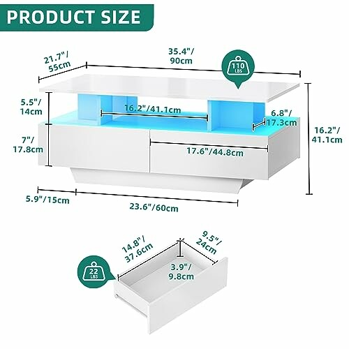 Dimensions d'une table basse moderne avec tiroirs et éclairage LED.