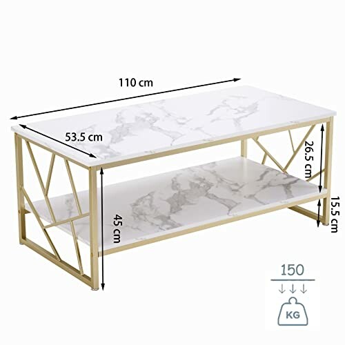 Table basse moderne avec design en marbre et dimensions.