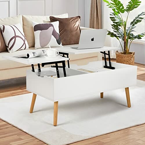 Table basse moderne avec rangement et plateau relevable.