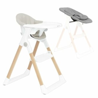 Chaise haute moderne pour bébé avec design en bois et plastique.