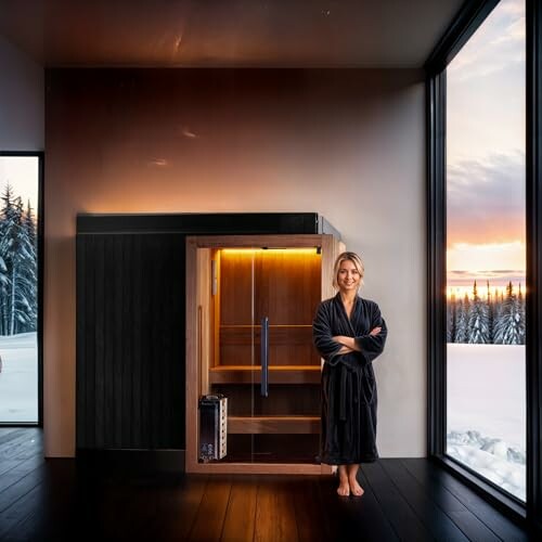 Femme debout près d'un sauna moderne avec vue sur la neige.
