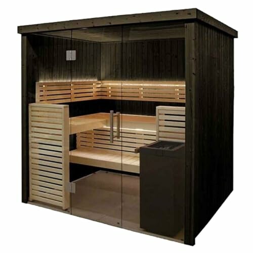 Sauna moderne en bois avec portes en verre.