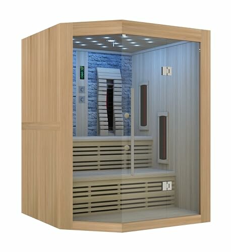 Sauna infrarouge moderne avec parois en bois et porte en verre.