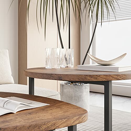 Table basse en bois dans salon moderne avec plante et livres.