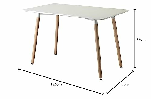 Table rectangulaire moderne avec pieds en bois et dimensions.