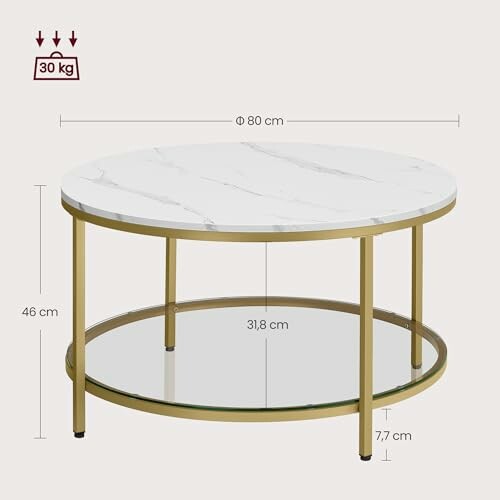 Table basse ronde moderne avec plateau en marbre et étagère en verre.