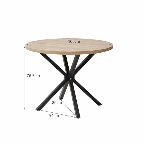 Table ronde en bois avec pieds en métal et dimensions.