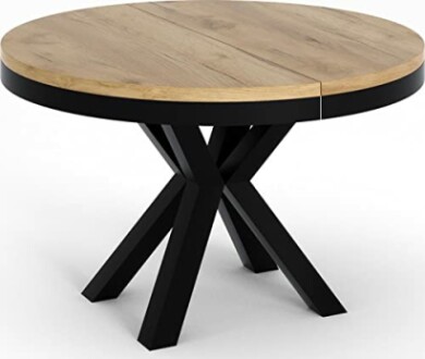 Table ronde moderne en bois avec pieds noirs.